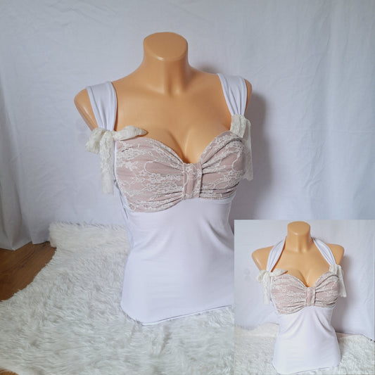 Handmade bow top white&pink lace pattern