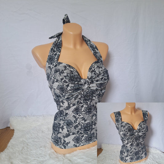Handmade bow white top black lace print