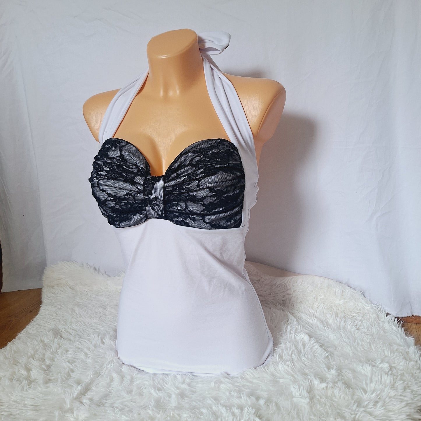 Handmade bow white top black lace pattern