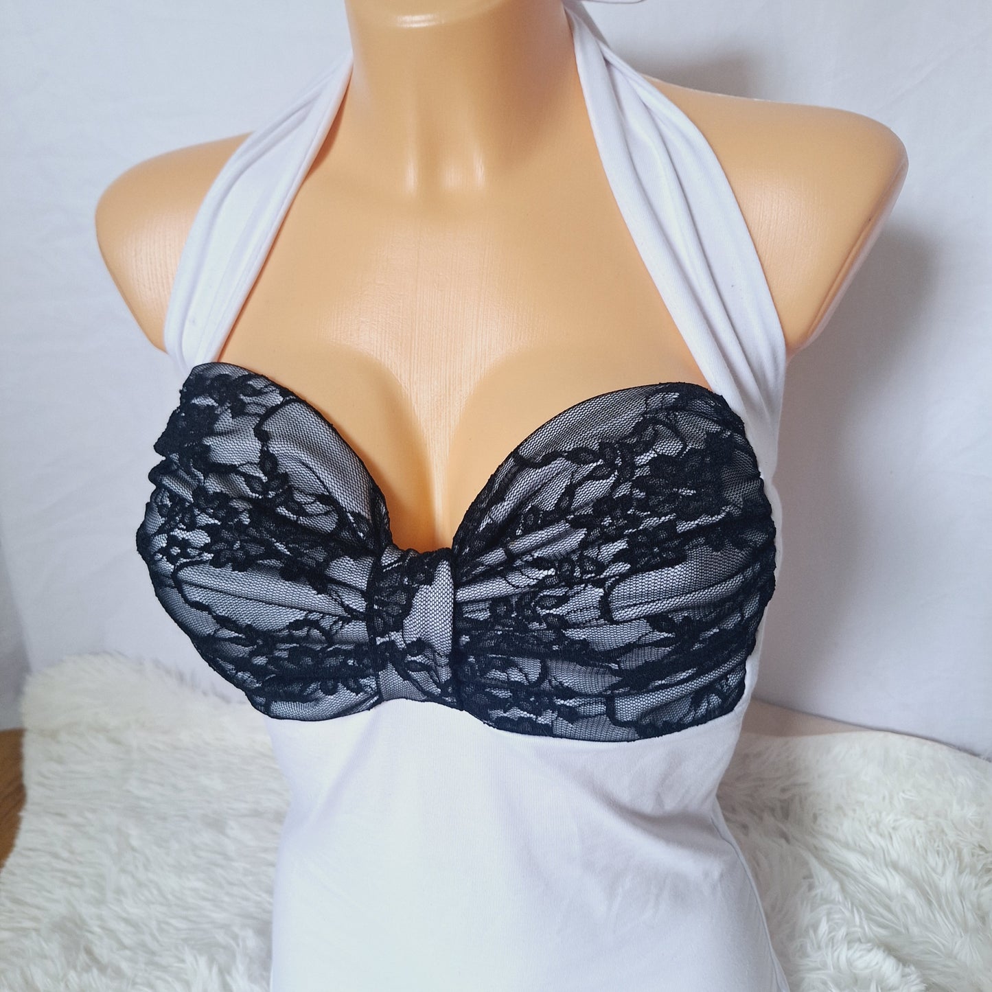Handmade bow white top black lace pattern