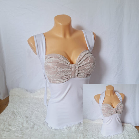 Handmade bow top white&pink lace pattern
