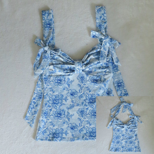 2 way handmade bow blue flower lace pattern
