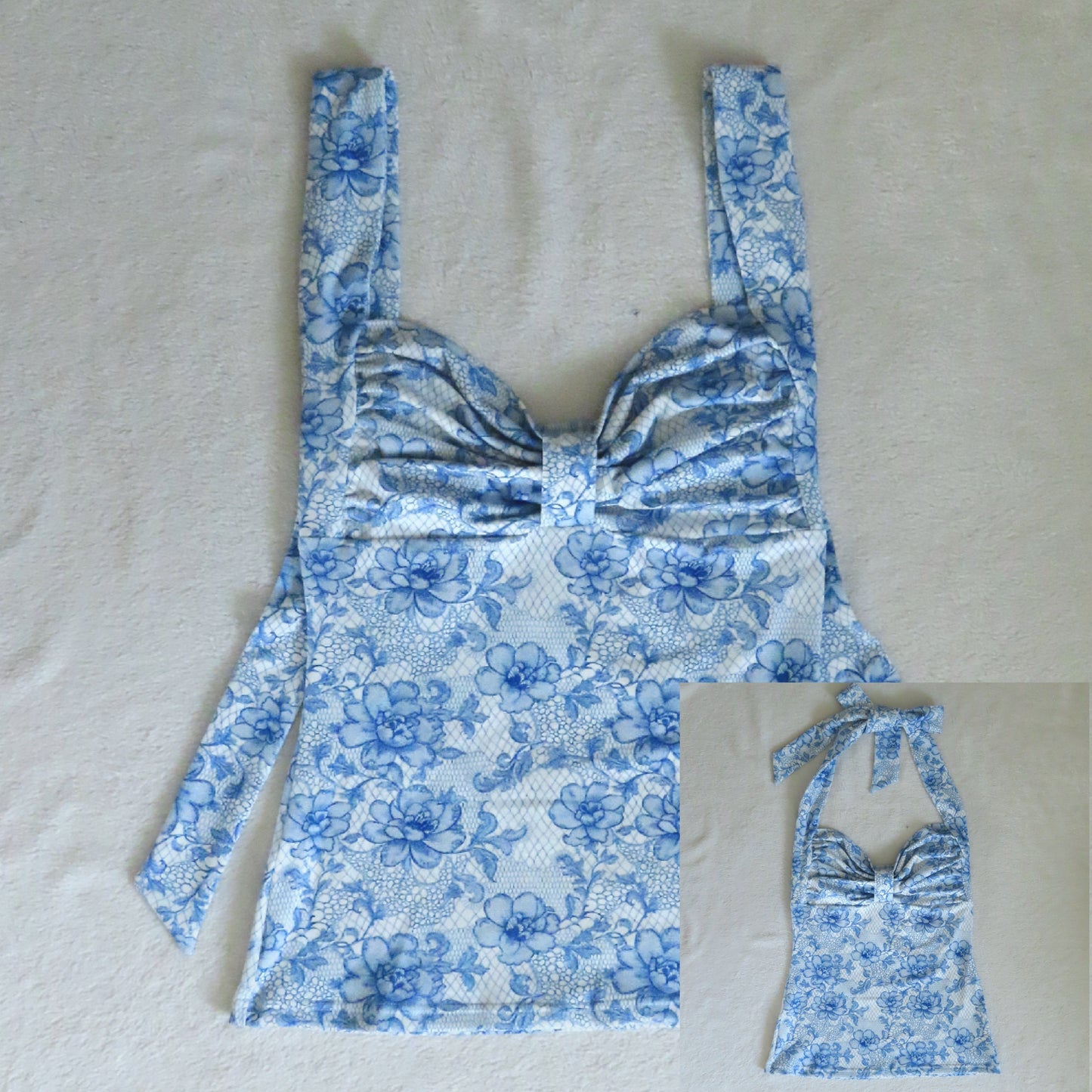 2 way handmade bow blue flower lace pattern