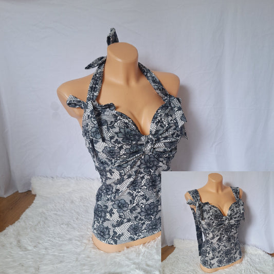 Handmade bow white top black lace print